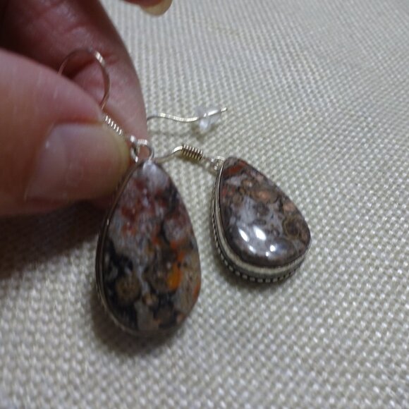 Natural LEOPARD SKIN JASPER Handmade Sterling Dangle Earrings #17C - Picture 3 of 3